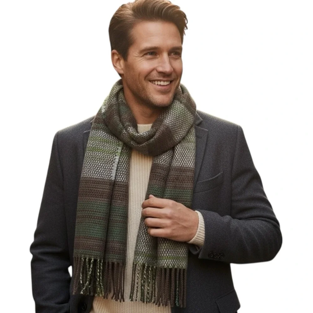 Banana Republic Wool Blend Scarf Green Brown & Cream Long Fringed Winter Scarf